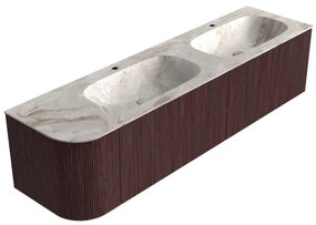 Mondiaz Kurve-dlux 175cm badmeubel ronding links ruby met 2 lades en 1 deur en wastafel stor small dubbel/rechts 2 kraangaten frappe
