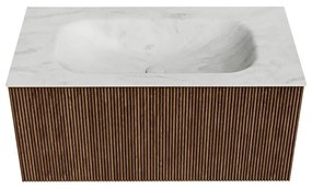 Mondiaz Kurve-dlux 90cm badmeubel walnut met 1 lade en wastafel big small midden 1 kraangat opalo