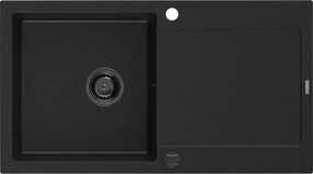 Mexen Leo granit gootsteen met 1 bak en afdruiprek 900 x 500 mm, zwart, zwarte sifon - 6501901010-77-B