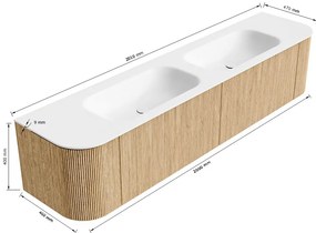 Mondiaz Kurve 200cm badmeubel ronding links/rechts walnut met 2 lades en deuren en wastafel big small dubbel 2 kraangaten urban