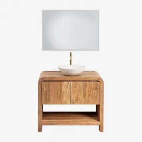 Vacry Houten Badkamermeubelset Acacia Bruin & Rond Cement Wit Ø40 Cm Zavion & Rechthoekige Led En Anticondens 100x70 Cm Riben & Goud - Sklum