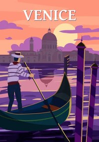 Ilustratie Venice Italia Poster retro style. Sunset, VectorUp