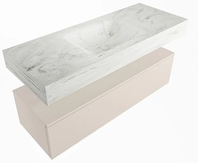 Mondiaz Alan DLux badmeubel 120cm linen 1 lade met wastafel opalo midden 1 kraangat