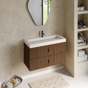 Muebles Estella badmeubel ribbelfront 100cm walnoot met solid surface wastafel met kraangat