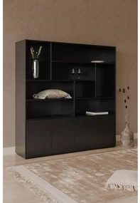 Goossens Basic Buffetkast Madrid, 4 dichte deuren 8 open vakken, zwart melamine, 184 x 191 x 45 cm, elegant chic