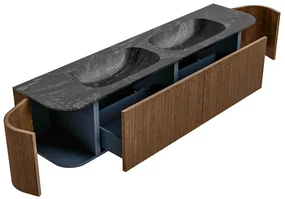 Mondiaz Kurve-dlux 190cm badmeubel ronding links/rechts walnut met 2 lades en deuren en wastafel stor small dubbel 2 kraangaten lava