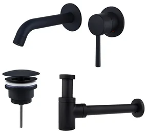 Fortifura Calvi Slim Wastafelkraanset - inbouw wastafelkraan inkortbaar - always open plug - verlaagde design sifon - Mat zwart SW377837/SW696205/SW696215
