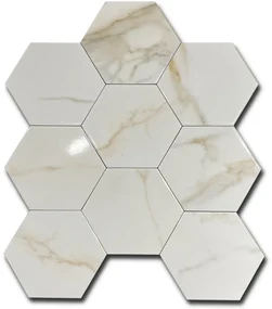 Hoogglans Hexagon Vloertegel 15x17 Cm Marmerlook Goud C107 - Restpartij Nog 0,57 M2 Op Voorraad