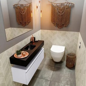 MONDIAZ ANDOR Toiletmeubel - 100x30x30cm - 1 kraangat - 1 lades - cale mat - wasbak midden - Solid surface - Zwart FK75343698