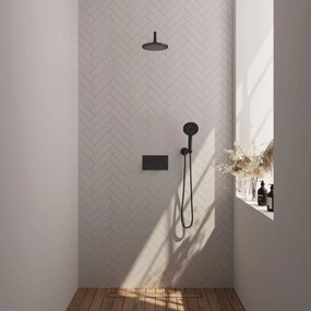 Brauer Black Edition thermostatische inbouw regendouche met 3 standen handdouche, gebogen muurarm en hoofddouche 20cm set 57 zwart mat
