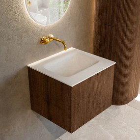 Mondiaz Kurve 50cm badmeubel walnut met 1 lade en wastafel grunne midden zonder kraangat