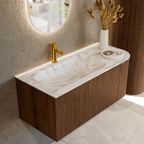Mondiaz Kurve-dlux 105cm badmeubel ronding rechts walnut met 1 lade en deur en wastafel big small kraangat links glace