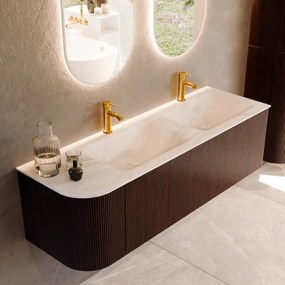Mondiaz Kurve-dlux 145cm badmeubel ronding links ruby met 1 lade en deur en wastafel leaf dubbel/rechts 2 kraangaten ostra