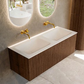 Mondiaz Kurve 120cm badmeubel walnut met 1 lade en wastafel cloud dubbel zonder kraangat