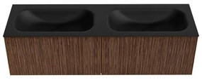 Mondiaz Kurve 150cm badmeubel walnut met 2 lades en wastafel big small dubbel 2 kraangaten urban