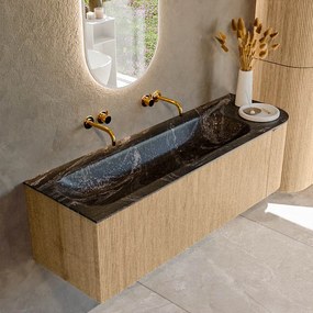 Mondiaz Kurve-dlux 145cm badmeubel ronding rechts oak met 1 lade en deur en wastafel big large links zonder kraangat lava