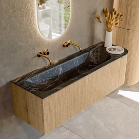 Mondiaz Kurve-dlux 145cm badmeubel ronding rechts oak met 1 lade en deur en wastafel big large links zonder kraangat lava