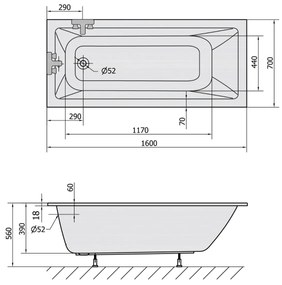 Polysan Noemi Slim ligbad 160x70x39cm wit glans