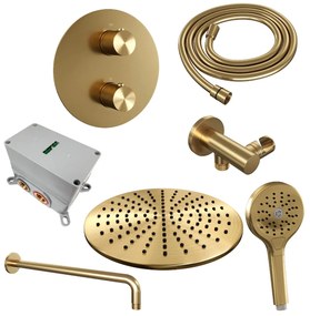 Brauer Gold Carving thermostatische inbouw regendouche met 3 standen handdouche, gebogen muurarm en hoofddouche 30cm set 82 messing geborsteld PVD