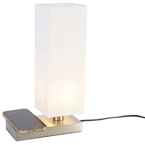 Tafellamp met dimmer staal met kap wit met touch en inductielader - Romina Modern E14 Binnenverlichting Lamp