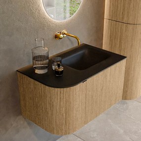 Mondiaz Kurve 75cm badmeubel ronding links oak met 1 lade en deur en wastafel grunne rechts zonder kraangat urban