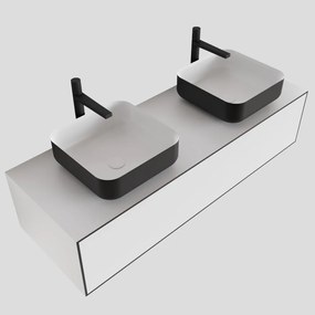 Zaro Lagom volledig naadloos solid surface onderkast met topblad 130cm mat zwart met 1 lades Push tot open. Compleet met solid surface opzetkom met 2 kraangat(en)