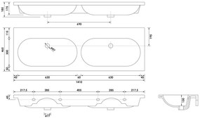 Brauer Moon dubbele wastafel keramiek 140cm zonder kraangat wit glans