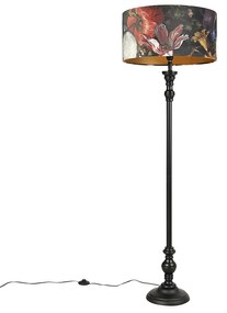 Stoffen Vloerlamp zwart met velours kap bloemen goud 50 cm - Classico Klassiek / Antiek E27 rond Binnenverlichting Lamp