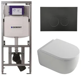 QeramiQ Dely Swirl Toiletset - 36.3x51.7cm - Geberit UP320 Burda inbouwreservoir - 35mm zitting - mat zwarte bedieningsplaat - ronde knoppen - wit glans 0701131/SW706188/SW1000767/SW1026256