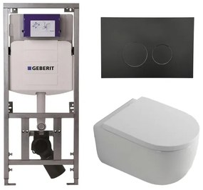 QeramiQ Dely Swirl Toiletset - 36.3x51.7cm - Geberit UP320 Burda inbouwreservoir - 35mm zitting - mat zwarte bedieningsplaat - ronde knoppen - wit glans 0701131/SW706188/SW1000767/SW1026256
