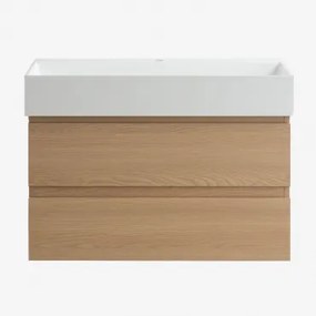 Badkamermeubelset Van Hout En Essenhoutfineer Met Geïntegreerde Wastafel Ona Natuurlijk Hout & Spiegelloze & Zonder Kraan & ↔︎ 80 Cm - Sklum