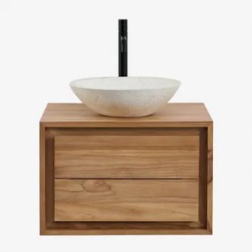 Jabari Zwevend Badkamermeubelset Van Teakhout Teakhout & Rond Cement Wit Ø40 Cm Zavion & Spiegelloze & Mat Zwart ↑30 Cm - Sklum