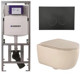 QeramiQ Dely Swirl Toiletset - 36.3x51.7cm - Geberit UP320 inbouwreservoir - met Burda frame - slim zitting - mat zwarte bedieningsplaat - ronde knoppen - beige 0701131/SW706188/SW1000770/SW1026259