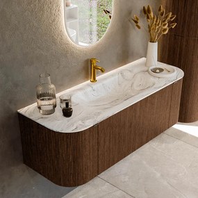 Mondiaz Kurve-dlux 130cm badmeubel ronding links/rechts walnut met 1 lade en 2 deuren en wastafel big small midden 1 kraangat glace