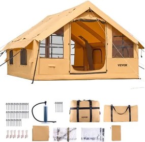 VEVOR Opblaasbare kampeertent, 5-8 persoons tent met handpomp, 4x3x2,2 m glampingtent met 2 dakramen, luifel, kachelaansluiting, 2 deuren, gaasramen en opbergtas