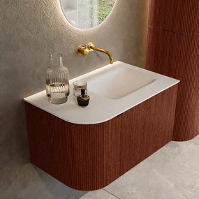 Mondiaz Kurve 75cm badmeubel ronding links ruby met 1 lade en deur en wastafel grunne rechts zonder kraangat