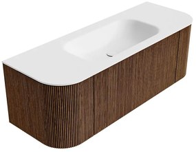 Mondiaz Kurve 130cm badmeubel ronding links/rechts walnut met 1 lade en 2 deuren en wastafel big small midden zonder kraangat