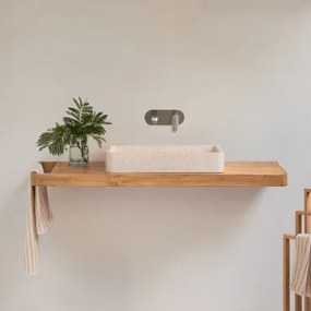 Conjunto Van Meubel 130x45 Cm Hangend In Teakhout Neill Teakhout & Rechthoekig Wit Cement 60x30 Cm Ronald & Spiegelloze & Geborsteld Grijs Ingebed -