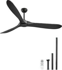 VEVOR 180 cm plafondventilator zonder licht, 6-snelheden afstandsbediening, 3 houten bladen, omkeerbare DC-motor, buitenventilator voor slaapkamer, woonkamer, terras, binnen/buiten, zwart