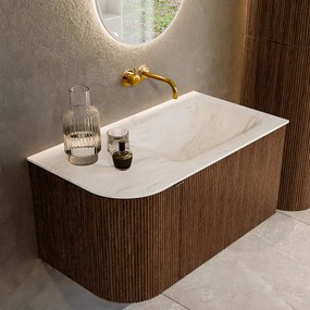 Mondiaz Kurve-dlux 85cm badmeubel ronding links walnut met 1 lade en deur en wastafel cloud rechts zonder kraangat ostra