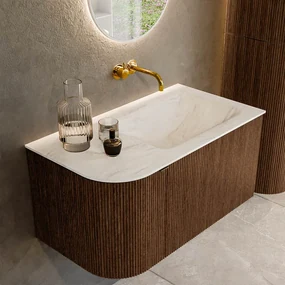 Mondiaz Kurve-dlux 85cm badmeubel ronding links walnut met 1 lade en deur en wastafel cloud rechts zonder kraangat ostra