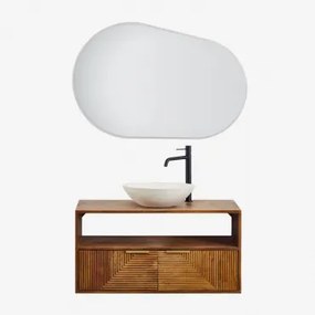 Baty Mangohouten Badkamermeubelset Mangohout & Rond Cement Wit Ø40 Cm Zavion & Ovaal Led En Anticondens 100x80 Cm Riben & Zwart ↑30 - Sklum