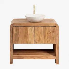 Vacry Houten Badkamermeubelset Acacia Bruin & Rond Cement Wit Ø40 Cm Zavion & Spiegelloze & Goud ↑30 Cm Met Aftapkraan Zonder - Sklum