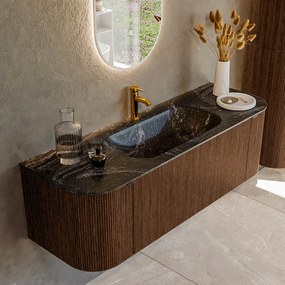 Mondiaz Kurve-dlux 140cm badmeubel ronding links/rechts walnut met 1 lade en 2 deuren en wastafel big small midden 1 kraangat lava