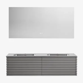 Noura Houten Badkamermeubelset Met Geïntegreerde Wastafels Grijs – Nikkel & Rectangular Led And Antifog 160x75 Cm Jorvi & Zonder Kraan - Sklum