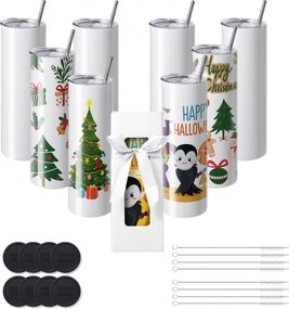 VEVOR 8-pack rechte sublimatiebekers, 32 oz lege bekers, roestvrijstalen bekers met dubbele wand, rietje, deksel, borstel, bodem, krimpfolie, geschenkdoos, voor hittepers en hitteoverdracht