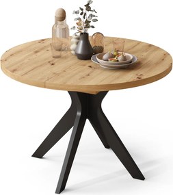 RENZO Artisan Eiken/zwarte poot - RONDE TAFEL Ø110 UITKLAPBAAR TOT 180 cm | VOOR DE KEUKEN EETKAMER WOONKAMER RETRO