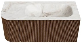 Mondiaz Kurve-dlux 105cm badmeubel ronding links walnut met 1 lade en deur en wastafel big small rechts zonder kraangat frappe