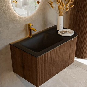 Mondiaz Kurve 85cm badmeubel ronding rechts walnut met 1 lade en deur en wastafel cloud kraangat links urban