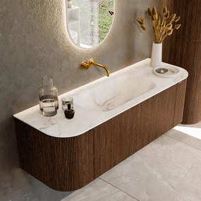 Mondiaz Kurve-dlux 140cm badmeubel ronding links/rechts walnut met 1 lade en 2 deuren en wastafel big small midden zonder kraangat frappe